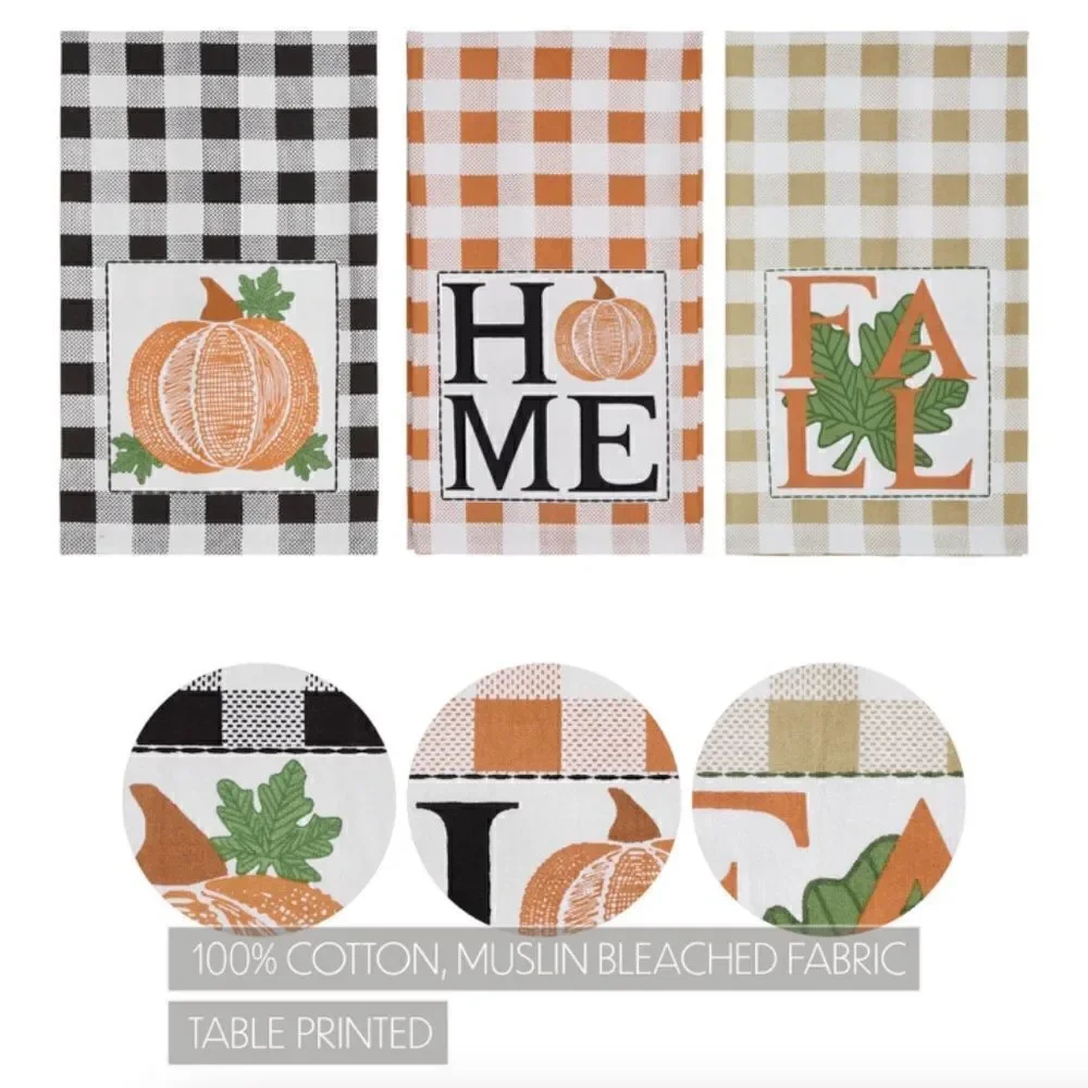 Farmhouse Buffalo Plaid Pumpkin Cotton Tea Towel Set Fall Autumn Cottagecore